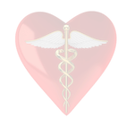 our Logo - red heart with golden caduceus and wings